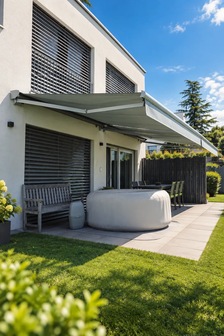 Ausgefahrene Markise über einer Terrasse